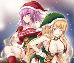 Rule 34 | 2girls, ;), alternate hairstyle, bare shoulders, bell, blonde hair, blue eyes, boots, breasts, christmas, cleavage, closed mouth, commentary, dress, elbow gloves, expressionless, fur collar, fur cuffs, gloves, green headwear, green santa costume, hair down, halterneck, hand on own hip, hat, holding, holding sack, large breasts, leaning forward, lips, long hair, looking at viewer, margery daw, multiple girls, nail polish, neck bell, night, one eye closed, outdoors, over shoulder, print dress, purple eyes, purple hair, red footwear, red gloves, red headwear, sack, santa boots, santa costume, santa dress, santa gloves, santa hat, shakugan no shana, short dress, side slit, sitting, smile, snowing, standing, tachitsu teto, underbust, very long hair, wilhelmina carmel