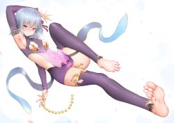 Rule 34 | 1girl, anal beads, arm up, armpits, bare shoulders, barefoot, beads, blush, breasts, censored, cleft of venus, closed mouth, covered navel, detached sleeves, dress, earrings, fate/grand order, fate (series), feet, ginhaha, hair between eyes, hair ribbon, highres, jewelry, kama (fate), kama (first ascension) (fate), knee up, legs, looking at viewer, mosaic censoring, object insertion, purple dress, purple thighhighs, pussy, red eyes, ribbon, ring, sash, sex toy, short hair, silver hair, simple background, smile, soles, solo, thigh strap, thighhighs, thighs, toes, vaginal, vaginal object insertion, white background