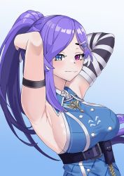 Rule 34 | 1girl, absurdres, armband, armpits, arms behind head, asymmetrical arms, bare shoulders, belt, belt pouch, blue dress, blue eyes, blush, breasts, buttons, closed mouth, collared dress, double-breasted, dress, fang, gradient background, head wings, heterochromia, highres, kuon bb, large breasts, long hair, nijisanji, nijisanji en, official alternate costume, parted bangs, ponytail, pouch, purple eyes, purple hair, selen tatsuki, selen tatsuki (2nd costume), sideboob, skin fang, sleeveless, sleeveless dress, smile, solo, upper body, very long hair, virtual youtuber, wings