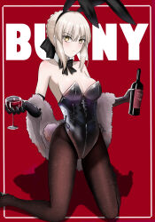 Rule 34 | 1girl, absurdres, alcohol, animal ears, artoria pendragon (all), artoria pendragon (fate), bare shoulders, black bow, black gloves, black leotard, blonde hair, bottle, bow, braid, breasts, brown pantyhose, cleavage, collarbone, cup, detached sleeves, drinking glass, elbow gloves, fake animal ears, fate/stay night, fate (series), french braid, gloves, hair between eyes, hair bow, hair bun, highleg, highleg leotard, highres, kneeling, leotard, long hair, longdq3008, looking at viewer, medium breasts, pantyhose, playboy bunny, rabbit ears, rabbit tail, red background, saber alter, sidelocks, solo, strapless, strapless leotard, tail, wine, wine bottle, wine glass, yellow eyes
