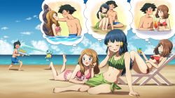 Rule 34 | 1boy, 3girls, ash ketchum, bare arms, barefoot, beach, bikini, blood, blue eyes, blue hair, blue male swimwear, blue swim trunks, blush, breasts, brown hair, cleavage, closed eyes, closed mouth, cloud, commentary, commission, creatures (company), cup, dawn (pokemon), day, game freak, gen 1 pokemon, green sarong, hair ornament, hairclip, highres, holding, holding cup, imagining, kabedon, liquid, long hair, lying, male swimwear, may (pokemon), multiple girls, navel, nintendo, nosebleed, on back, on stomach, open mouth, outdoors, pixiv commission, pokemon, pokemon (anime), pokemon (creature), pokemon dppt (anime), pokemon rse (anime), pokemon xy (anime), sand, sarong, serena (pokemon), sky, smile, squirtle, suitenan, swim trunks, swimsuit, thought bubble, toes, tongue, topless male, water, water gun