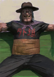 Rule 34 | 1boy, bench, black pants, black shirt, cape, character request, commentary request, grin, hat, highres, horror (theme), itou satoshi, jigoku koushien, looking at viewer, male focus, open mouth, pants, sharp teeth, shirt, sitting, smile, solo, teeth, translation request, veins, wide-eyed
