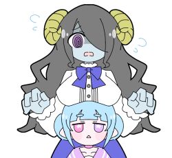 Rule 34 | + +, 2girls, @ @, black hair, black outline, blue bow, blue bowtie, blue hair, blue skin, blue skirt, bow, bowtie, breast rest, breasts, breasts on head, chibi, collarbone, colored skin, double bun, flying sweatdrops, genmai chaban, hair bun, horns, large breasts, long hair, multiple girls, open mouth, original, outline, pink eyes, pink sailor collar, pointy ears, sailor collar, shaded face, shirt, simple background, skirt, triangle mouth, white background, white shirt, yellow horns