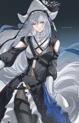 Rule 34 | 1girl, absurdres, arknights, artist name, black dress, black pantyhose, cleavage cutout, clothing cutout, dress, frilled skirt, frills, gradient background, grey background, grey hair, hat, highres, long hair, long sleeves, looking at viewer, pantyhose, red eyes, skirt, smile, solo, specter (arknights), specter the unchained (arknights), very long hair, vidoakdame
