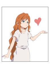 Rule 34 | 1girl, aged down, blowing kiss, braid, closed mouth, commentary, cowboy shot, dress, flamme (sousou no frieren), frieren blowing a kiss (meme), green eyes, hand up, heart, highres, long hair, meme, o3o, orange hair, pursed lips, segmented comic, short sleeves, simple background, single braid, solo, sousou no frieren, symbol-only commentary, very long hair, white background, white dress, yasehattagi