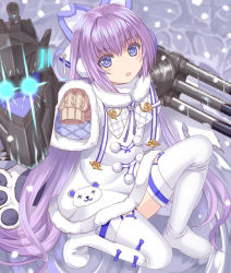 Rule 34 | 1girl, azur lane, blue bow, blue eyes, blush, boots, bow, brown sweater, commentary request, dress, fur-trimmed dress, fur-trimmed sleeves, fur trim, glowing, glowing eyes, hair between eyes, long hair, long sleeves, looking at viewer, on one knee, parted lips, purple hair, sleeves past fingers, sleeves past wrists, snowing, solo, sweater, tashkent (azur lane), thigh boots, thighhighs, tukino neru, very long hair, white dress, white footwear, white thighhighs, wide sleeves