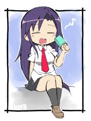 Rule 34 | 1girl, black legwear, blush, breasts, brown footwear, closed eyes, collared shirt, food, framed, full body, goshiki agiri, hand up, holding, kill me baby, long hair, musical note, necktie, open mouth, outside border, pleated skirt, popsicle, purple hair, school uniform, shirt, short sleeves, simple background, sitting, skirt, smile, solo, white background, white shirt, zubatto (makoto)