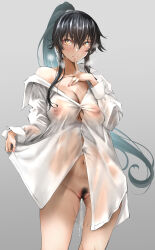 Rule 34 | 1girl, black hair, blush, breasts, cleavage, closed mouth, clothes lift, collarbone, collared shirt, covered erect nipples, cowboy shot, finger to mouth, groin, high ponytail, highres, kantai collection, large breasts, long hair, long sleeves, looking at viewer, nail polish, navel, panties, pink nails, pubic hair, pussy juice, see-through, see-through shirt, shirt, simple background, single bare shoulder, skirt, skirt lift, solo, standing, sweat, thighs, tororo ten, underwear, wet, wet clothes, wet shirt, white background, white shirt, yahagi (kancolle), yellow eyes