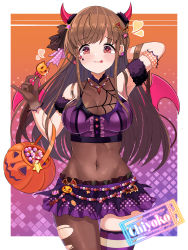 Rule 34 | 1girl, :p, absurdres, arm up, asymmetrical legwear, bare shoulders, black gloves, blush, bodysuit, breasts, brown hair, candy, character name, chocolate, cleavage, covered navel, demon girl, demon horns, food, gloves, hair down, halloween, halloween costume, heart, heart-shaped pupils, highres, horns, huge filesize, idolmaster, jack-o&#039;-lantern, lollipop, long hair, medium breasts, red eyes, skirt, solo, sonoda chiyoko, star (symbol), sylph kim, symbol-shaped pupils, tongue, tongue out, torn bodysuit, torn clothes, uneven legwear