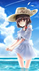 Rule 34 | 1girl, alternate costume, bow, brown eyes, brown hair, cloud, contrail, day, dress, fuente, hair bow, hat, hat bow, highres, short hair, sky, smile, solo, sun hat, touhou, usami renko, wading, water, wet, wringing clothes