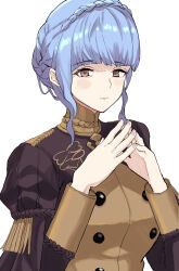Rule 34 | 1girl, blue hair, blunt bangs, blush, braid, breasts, brown eyes, buttons, closed mouth, commentary request, crown braid, double-breasted, epaulettes, eyelashes, fire emblem, fire emblem: three houses, french braid, garreg mach monastery uniform, hands up, highres, jacket, long sleeves, looking at viewer, marianne von edmund, medium breasts, medium hair, military uniform, multicolored clothes, multicolored jacket, nintendo, own hands together, school uniform, sidelocks, simple background, solo, two-tone jacket, uniform, upper body, white background, yamame 012