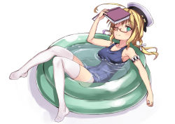 Rule 34 | 10s, 1girl, ahoge, bad id, blonde hair, blush, book, breasts, full body, glasses, green eyes, hat, i-8 (kancolle), kantai collection, large breasts, looking at viewer, matsuryuu, no shoes, one-piece swimsuit, one eye closed, partially submerged, red-framed eyewear, school swimsuit, simple background, smile, solo, swimsuit, thighhighs, twintails, wading pool, water, white background, white thighhighs