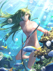 Rule 34 | 1boy, androgynous, bubble, casual nudity, caustics, convenient censoring, diving, enkidu (fate), fate/strange fake, fate (series), fish, fish censor, freediving, green eyes, green hair, highres, holding breath, long hair, looking at viewer, male focus, nature, nude, nudist, skinny dipping, solo, sunlight, swimming, tebd menkin, underwater