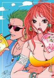 Rule 34 | 1boy, 1girl, armlet, blue sky, blue tank top, breasts, camisole, commentary request, drinking straw, drinking straw in mouth, earrings, floating hair, green hair, jewelry, long hair, looking to the side, nami (one piece), necklace, night yoru, one piece, orange eyes, roronoa zoro, scar, scar across eye, sky, sunglasses, tank top, upper body, v-shaped eyebrows