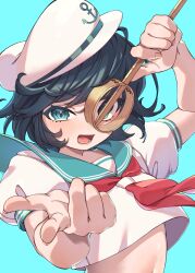 Rule 34 | 1girl, absurdres, anchor symbol, aqua eyes, black hair, blue background, commentary request, e sdss, hand up, hat, highres, hishaku, holding, looking at viewer, murasa minamitsu, neckerchief, open mouth, red neckerchief, sailor hat, shirt, short hair, short sleeves, simple background, solo, touhou, white hat, white shirt