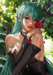 Rule 34 | 1girl, azur lane, bare shoulders, black dress, blurry, blurry background, breasts, detached sleeves, dress, evening gown, flower, green hair, highres, holding, large breasts, littorio (azur lane), littorio (calabria aurea) (azur lane), long hair, looking at viewer, multicolored hair, necktie, nixri, official alternate costume, parted lips, red eyes, red lips, rose, solo, strapless, strapless dress, streaked hair, upper body