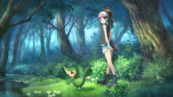 Rule 34 | 1girl, antenna hair, arm behind back, bag, bare shoulders, baseball cap, black footwear, black legwear, black vest, blue eyes, blue shorts, blush, boots, brown hair, bush, creatures (company), day, denim, denim shorts, female focus, flat chest, flower, forest, from behind, full body, game freak, gen 5 pokemon, grass, half-closed eyes, happy, hat, highres, hilda (pokemon), light blush, looking at another, looking back, looking down, nature, nintendo, open mouth, outdoors, pippi (pixiv 1922055), poke ball symbol, poke ball theme, pokemon, pokemon (creature), pokemon bw, ponytail, red eyes, shirt, short shorts, shorts, sleeveless, sleeveless shirt, smile, snivy, socks, standing, tree, vest, walking, water, white flower, white hat, white shirt
