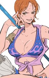 Rule 34 | 1girl, arabian clothes, armlet, aruhino, bare shoulders, breasts, bruise, cleavage, clima-tact, collarbone, commentary, dancer, hand on own hip, hand up, harem outfit, highres, holding, holding staff, injury, large breasts, midriff, nami (one piece), navel, official alternate costume, one piece, open mouth, orange eyes, orange hair, short hair, shoulder tattoo, solo, staff, sweatdrop, symbol-only commentary, tattoo, upper body, white background
