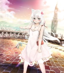 Rule 34 | 1girl, absurdres, animal ears, azur lane, bag, bell, blue eyes, blurry, blush, bow, breasts, brick road, cat ears, cat tail, city, cityscape, cleavage, clenched hand, cloud, collarbone, commentary request, depth of field, dress, eyelashes, fang, flower, furrowed brow, hair between eyes, hair bow, hair flower, hair ornament, hammann (azur lane), handbag, highres, jewelry, long hair, looking at viewer, medium breasts, necklace, open mouth, pendant, pointing, railing, river, rurekuchie, sky, solo, spaghetti strap, sunset, tail, tail bell, tail ornament, tears, tower, tsurime, very long hair, white hair, wind