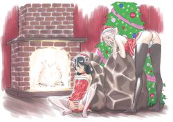 black_hair bulge bulge_through_clothing christmas_tree dress fireplace gojin green_eyes hat indoors kotobuki_yuuto leaning_forward malax nitori_ryou original panties pink_hair reincarnated_into_another_world_as_sex_slaves_to_goblins_and_now_we_fight_for_them sack santa_costume santa_dress santa_hat striped striped_clothes striped_panties trap twintails underwear white_panties yellow_eyes