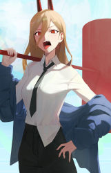 Rule 34 | 1girl, absurdres, black necktie, blonde hair, blush, chainsaw man, cross-shaped pupils, demon horns, film grain, fingernails, hair between eyes, hammer, hand on own hip, highres, holding, holding hammer, holding weapon, horns, long hair, necktie, open mouth, orange pupils, over shoulder, power (chainsaw man), red eyes, red horns, sharp teeth, shirt partially tucked in, so shio, solo, symbol-shaped pupils, teeth, tongue, tongue out, weapon, weapon over shoulder