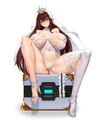 Rule 34 | 1girl, absurdres, asymmetrical legwear, bare shoulders, blush, breasts, bridal lingerie, bridal veil, bride, brown eyes, brown hair, choker, crown, frown, hair intakes, high heels, highres, lace, large breasts, last origin, lingerie, long hair, navel, revealing clothes, royal arsenal, shuiruoqing, simple background, sitting, solo, spread legs, thick thighs, thighs, torn clothes, underwear, veil