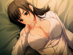Rule 34 | 1girl, bed, breasts, cleavage, innocent grey, large breasts, lying, pianissimo (game), solo