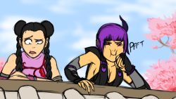 Rule 34 | 2girls, alternate costume, ayane (doa), black hair, blue sky, braid, breasts, chinese clothes, cleavage, crossover, day, dead or alive, dead or alive 5, detached sleeves, double bun, hair bun, headband, laughing, multiple girls, pai chan, pltnm ghost, puffy cheeks, purple hair, raised eyebrow, red eyes, short hair, sky, sleeveless, twin braids, virtua fighter