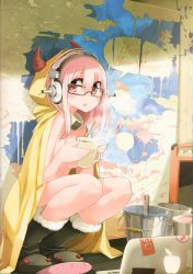 Rule 34 | 1girl, absurdres, apple inc., boots, brand name imitation, breasts, bucket, cup, headphones, highres, hood, horns, mug, naked raincoat, nitroplus, no bra, open mouth, paint, pink eyes, pink hair, raincoat, scan, solo, squatting, super sonico, tansuke