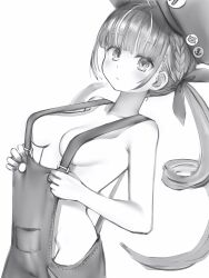 Rule 34 | 1girl, :&lt;, absurdres, anchor symbol, bare arms, bare shoulders, blunt bangs, braid, breasts, cosplay, greyscale, groin, hat, highres, hololive, light blush, long hair, looking at viewer, mario, mario (cosplay), mario (series), medium breasts, minato aqua, monochrome, naked overalls, nanashi (nlo), nintendo, overalls, sideboob, simple background, solo, twintails, virtual youtuber