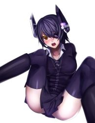 Rule 34 | 10s, 1girl, black hair, black thighhighs, blush, eyepatch, headgear, highres, kantai collection, looking at viewer, open mouth, personification, short hair, skirt, solo, spread legs, sweater, tenryuu (kancolle), thighhighs, u u zan, white background, yellow eyes