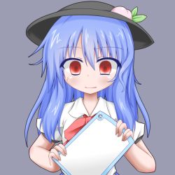 Rule 34 | 1girl, anger vein, blue hair, cutting board, dress shirt, empty eyes, female focus, food, fruit, hat, hinanawi tenshi, long hair, oden (th-inaba), peach, red eyes, shirt, smile, solo, touhou, upper body