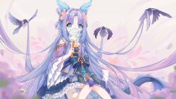 1girl absurdly_long_hair bambinata:_vitrum_(pgr) bambinata_(pgr) bare_shoulders bird blue_dress blue_eyes blue_hair blurry blurry_background blush ci_wen_jian_bu_cun_zai covered_mouth covering_own_mouth dragon dragon_girl dress eastern_dragon_horns eastern_dragon_tail feet_out_of_frame flower frilled_dress frilled_sleeves frills hair_flower hair_intakes hair_ornament hand_fan highres holding holding_fan light_blue_hair long_hair long_sleeves looking_at_viewer original parted_bangs pink_flower purple_dress purple_hair sitting solo tail very_long_hair wide_sleeves