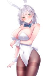 Rule 34 | 1girl, animal ears, arm under breasts, bare shoulders, blue bow, blue bowtie, blush, bow, bowtie, braid, breast hold, breasts, cleavage, closed mouth, covered navel, detached collar, fake animal ears, fake tail, french braid, green eyes, highres, hololive, ichi-go, large breasts, leotard, long hair, looking at viewer, pantyhose, playboy bunny, rabbit ears, rabbit tail, shirogane noel, short hair, silver hair, simple background, smile, solo, strapless, strapless leotard, tail, virtual youtuber, white background, wrist cuffs