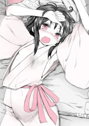 Rule 34 | 1girl, arms up, black hair, blush, chikado, dress, drooling, full-face blush, gohei, hakurei reimu, unworn headwear, japanese clothes, long sleeves, looking at viewer, lying, monochrome, on back, open mouth, red eyes, ribbon, sash, solo, spot color, tears, touhou, wavy mouth, wide sleeves, yawning
