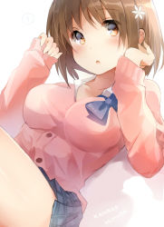 Rule 34 | 10s, 1girl, :o, blue bow, blue bowtie, blush, bow, bowtie, brown eyes, brown hair, cardigan, character name, collarbone, collared shirt, eyebrows, flower, hair flower, hair ornament, hands up, highres, idolmaster, idolmaster cinderella girls, looking at viewer, matching hair/eyes, mimura kanako, open mouth, plaid, plaid skirt, pleated skirt, shadow, shirt, skirt, sleeves past wrists, solo, speech bubble, surprised, tlla, untied, white flower, white shirt