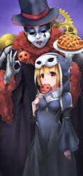 Rule 34 | 1boy, 1girl, black hat, blonde hair, breasts, candy, cross, cross necklace, food, gears, gloves, habit, halloween, hat, highres, holding, holding plate, jewelry, kuronosu (yamada1230), lollipop, looking at viewer, mask, medium breasts, necklace, nun, original, pie, plate, red eyes, short hair, top hat, traditional nun, white gloves