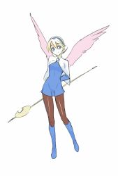 Rule 34 | 1girl, angel wings, blonde hair, blue footwear, boots, breasts, breath of fire, breath of fire iv, brooch, commentary request, dress, earrings, hairband, jewelry, kanikame, knee boots, nina (breath of fire iv), pantyhose, short hair, skirt, smile, solo, staff, weapon, white wings, wings