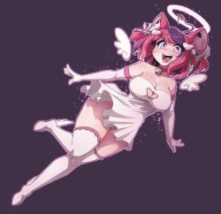 Rule 34 | 1girl, ahoge, alternate costume, animal ears, barefoot, bell, blush, breasts, cat ears, cat girl, cleavage, cleavage cutout, clothing cutout, collarbone, dress, halo, heart, heart ahoge, highres, ironmouse, large breasts, looking at viewer, multicolored hair, neck bell, open mouth, pink eyes, pink hair, purple hair, ryou sakai, short hair, short twintails, smile, solo, teeth, twintails, upper teeth only, virtual youtuber, vshojo, white dress