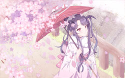 Rule 34 | 1girl, black hair, blue archive, blurry, blurry foreground, closed mouth, commentary request, day, depth of field, flower, fuuka (blue archive), fuuka (new year) (blue archive), highres, holding, holding umbrella, horns, japanese clothes, kimono, long hair, long sleeves, obi, oil-paper umbrella, outdoors, petals, pink flower, red eyes, red umbrella, sash, smile, solo, synn032, umbrella, very long hair, white kimono, wide sleeves