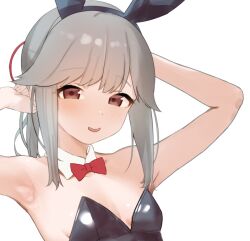 Rule 34 | 1girl, alternate costume, animal ears, arms behind head, black leotard, bow, bowtie, breasts, brown eyes, detached collar, grey hair, hair ribbon, kantai collection, leotard, long hair, medium hair, playboy bunny, rabbit ears, red bow, red bowtie, red ribbon, ribbon, sakieko, sidelocks, simple background, small breasts, solo, strapless, strapless leotard, upper body, usugumo (kancolle), white background