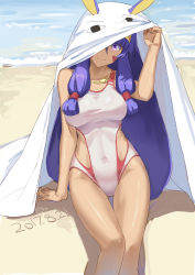 Rule 34 | 1girl, 2017, absurdres, animal ears, arm at side, bare legs, barefoot, beach, bed sheet, blunt bangs, breasts, chaoxi, closed mouth, commentary request, competition swimsuit, covered navel, dark-skinned female, dark skin, dated, day, fate/grand order, fate (series), gluteal fold, hair between breasts, hand up, highres, holding, jackal ears, jewelry, legs, legs together, long hair, looking at viewer, low-tied long hair, medium breasts, medjed (fate), narrow waist, necklace, nitocris (fate), nitocris (fate/grand order), nitocris (swimsuit assassin) (fate), nitocris (swimsuit assassin) (second ascension) (fate), ocean, one-piece swimsuit, outdoors, purple eyes, purple hair, sidelocks, sitting, smile, solo, swimsuit, thigh gap, very long hair, white one-piece swimsuit