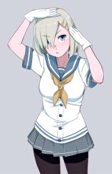 Rule 34 | 10s, 1girl, adjusting hair, bad id, bad pixiv id, black pantyhose, blue eyes, breasts, buttons, eyes visible through hair, gloves, hair ornament, hair over one eye, hairclip, hamakaze (kancolle), kantai collection, neckerchief, ojipon, pantyhose, pleated skirt, school uniform, serafuku, short hair, short sleeves, silver hair, simple background, skirt, solo, white gloves, yellow neckerchief
