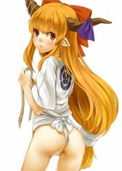 Rule 34 | 1girl, alternate costume, ass, back, bad id, bad twitter id, crest, dress shirt, family crest, fundoshi, hair ornament, hair ribbon, horn ornament, horn ribbon, horns, ibuki suika, inactive account, japanese clothes, long hair, looking at viewer, looking back, low-tied long hair, mizu happi, nishiuri, orange hair, pointy ears, red eyes, ribbon, rope, shimenawa, shirt, short sleeves, simple background, solo, touhou, very long hair, white background