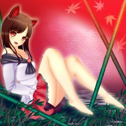 Rule 34 | 1girl, animal ears, bamboo, bare legs, bare shoulders, barefoot, blush, breasts, brooch, brown hair, cleavage, collarbone, dress, imaizumi kagerou, jewelry, long hair, looking at viewer, open mouth, red eyes, shounen (hogehoge), solo, touhou, wolf ears