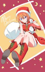 Rule 34 | 1girl, blue eyes, blush, boots, brooch, capelet, christmas, cross-laced footwear, dress, full body, fur-trimmed capelet, fur-trimmed dress, fur trim, gloves, hat, highres, holding, holding sack, invisible chair, jewelry, lace-up boots, long hair, merry christmas, muimi (princess connect!), orange hair, princess connect!, sack, santa costume, santa dress, santa hat, shoe soles, sitting, smile, solo, star brooch, takkun (takkun20)