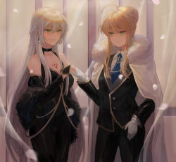 Rule 34 | 2girls, absurdres, ahoge, artoria pendragon (fate), artoria pendragon (lancer) (fate), bare shoulders, black dress, black pants, black suit, blonde hair, blue neckwear, boky (118088488), braid, breasts, bridal gauntlets, cape, chest tattoo, cleavage, collarbone, dress, earrings, fate/apocrypha, fate/grand order, fate (series), feather boa, formal, french braid, fur-trimmed cape, fur trim, gloves, green eyes, hair between eyes, hair bun, highres, jewelry, large breasts, long hair, long sleeves, morgan le fay (fate), multiple girls, necktie, pants, petals, siblings, sidelocks, silver hair, single hair bun, sisters, smile, suit, tattoo, white cape, white gloves