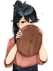Rule 34 | 1girl, black hair, blue eyes, blue hakama, blush, commentary request, covering own mouth, embarrassed, green ribbon, hair ribbon, hakama, holding, houshou (kancolle), japanese clothes, kantai collection, kimono, kurou (bcrow), medium hair, pink kimono, plate, ponytail, ribbon, simple background, solo, upper body, white background