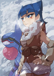 Rule 34 | 1girl, arm warmers, blue eyes, blue hair, blunt bangs, brown vest, closed mouth, coin (pokemon), commentary request, creatures (company), day, eyeshadow, facial mark, game freak, gen 4 pokemon, grey skirt, hand on own hip, highres, kono2noko, makeup, nintendo, outdoors, pokemon, pokemon (creature), pokemon legends: arceus, short hair, skirt, snowing, toxicroak, vest