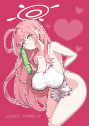 Rule 34 | 1girl, ahoge, apron, blue archive, blush, braid, breasts, cleavage, closed mouth, collarbone, commentary, covered erect nipples, cowboy shot, cropped legs, cucumber, food, green eyes, halo, hanako (blue archive), highres, hm (hmongt), holding, holding food, holding vegetable, large breasts, long hair, looking at viewer, naked apron, pink background, pink hair, pink halo, simple background, single braid, smile, solo, vegetable, white apron